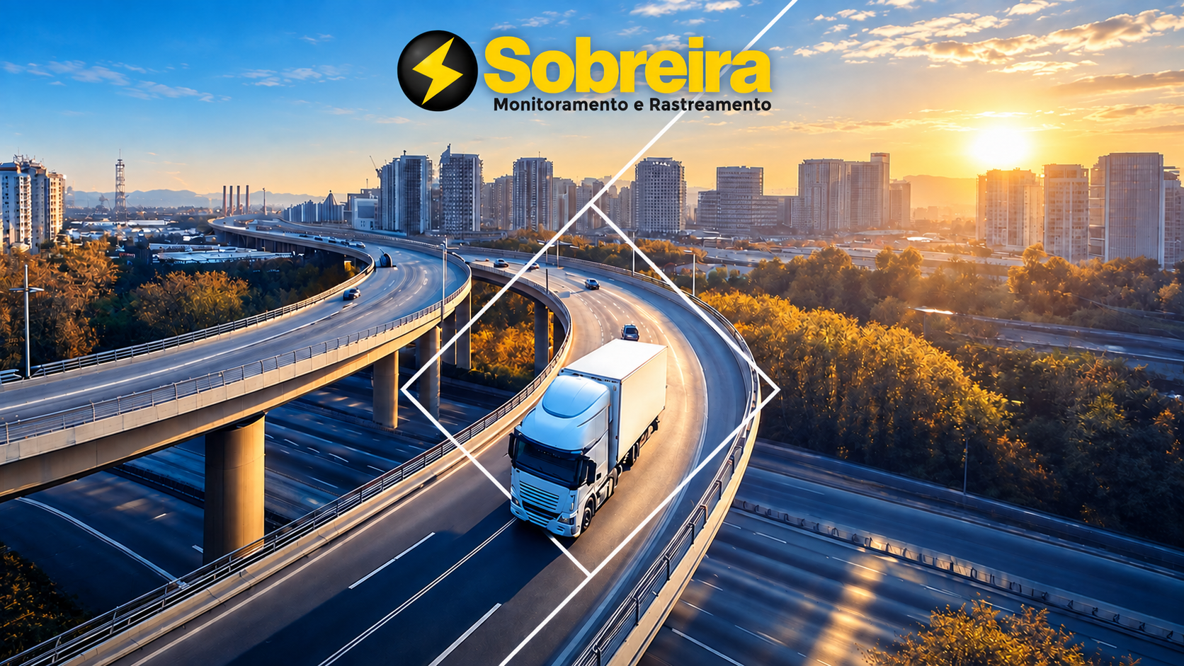 Caminhão monitorado em uma via urbana com o logo da Sobreira centralizado