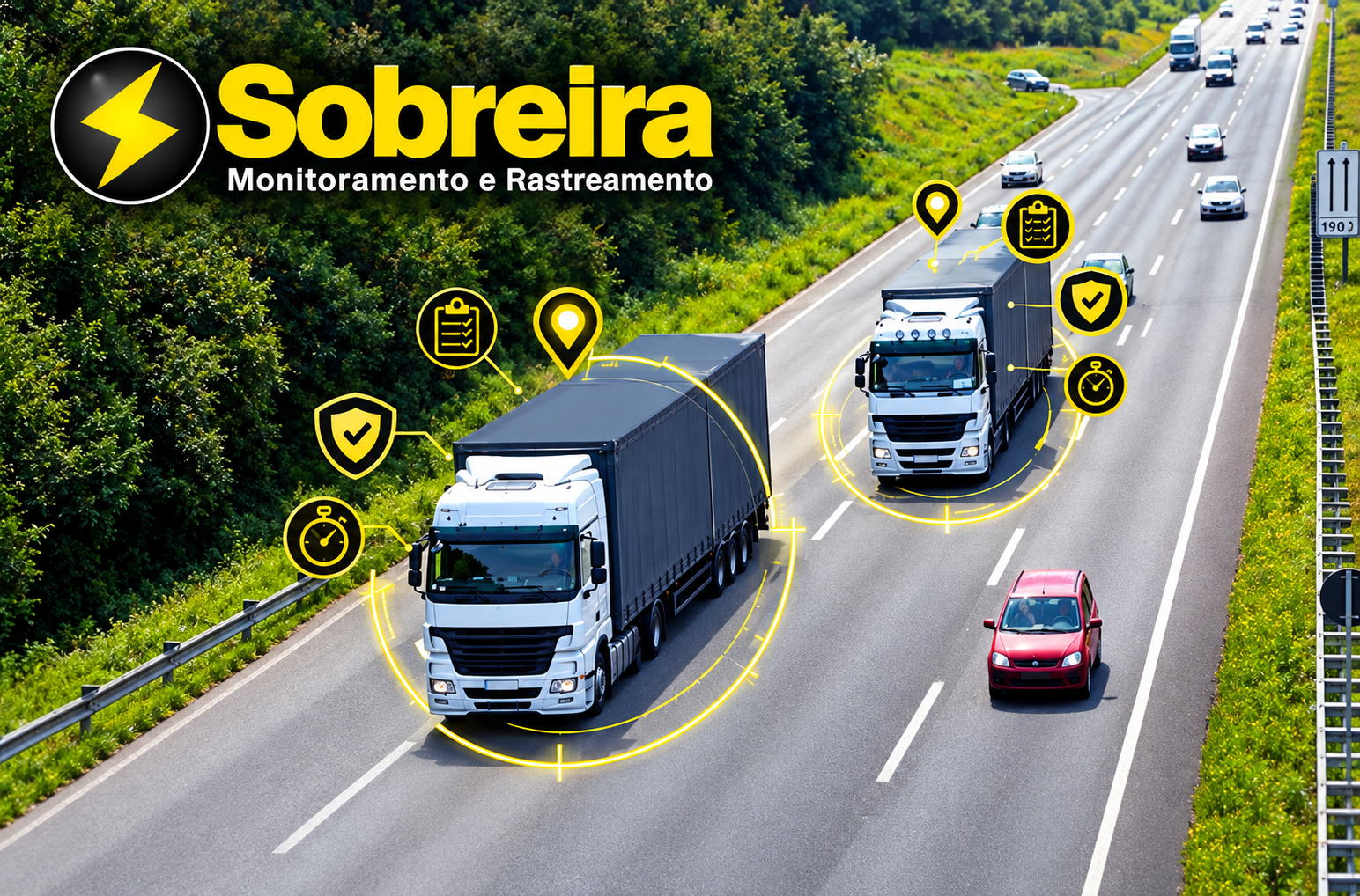 Caminhões sendo monitorados em uma rodovia